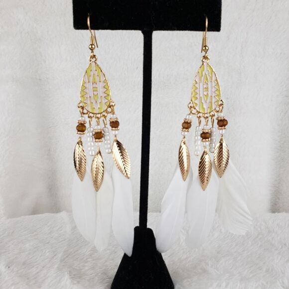 Feather Beaded Drop Earrings - Picture 1 of 4